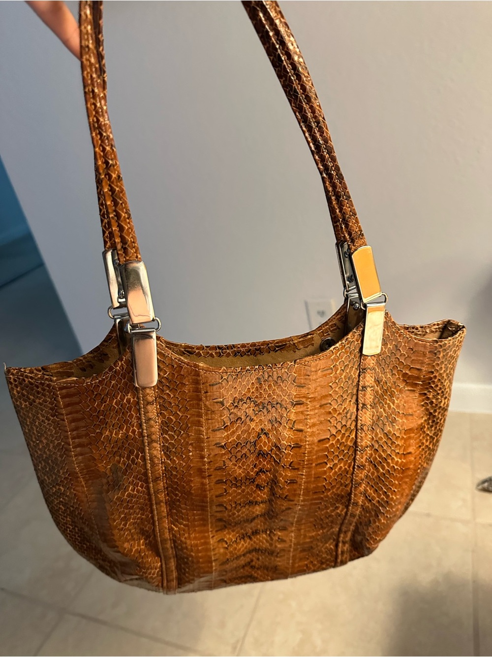 Brown Snake-Embossed Tote Bag